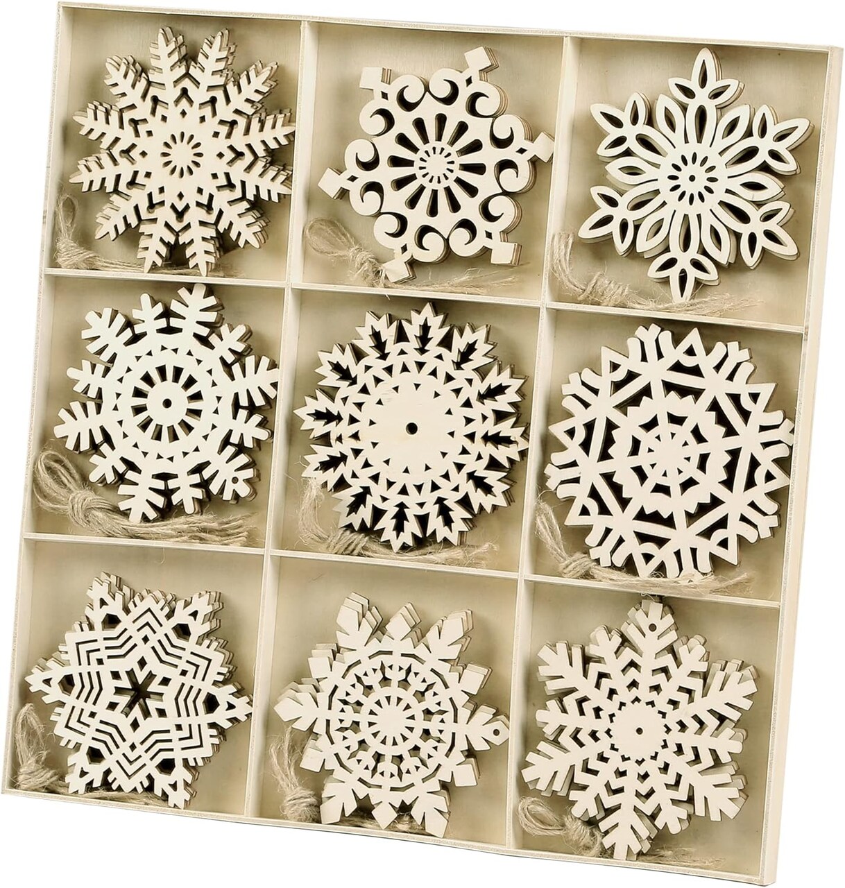 Unfinished Wooden Snowflakes Ornaments, 36Pcs Christmas Tree Hanging Decoration Wood Cutouts DIY Craft Snowflake Shaped Embellishments Xmas Rustic Crafts with Twine (4 inch)